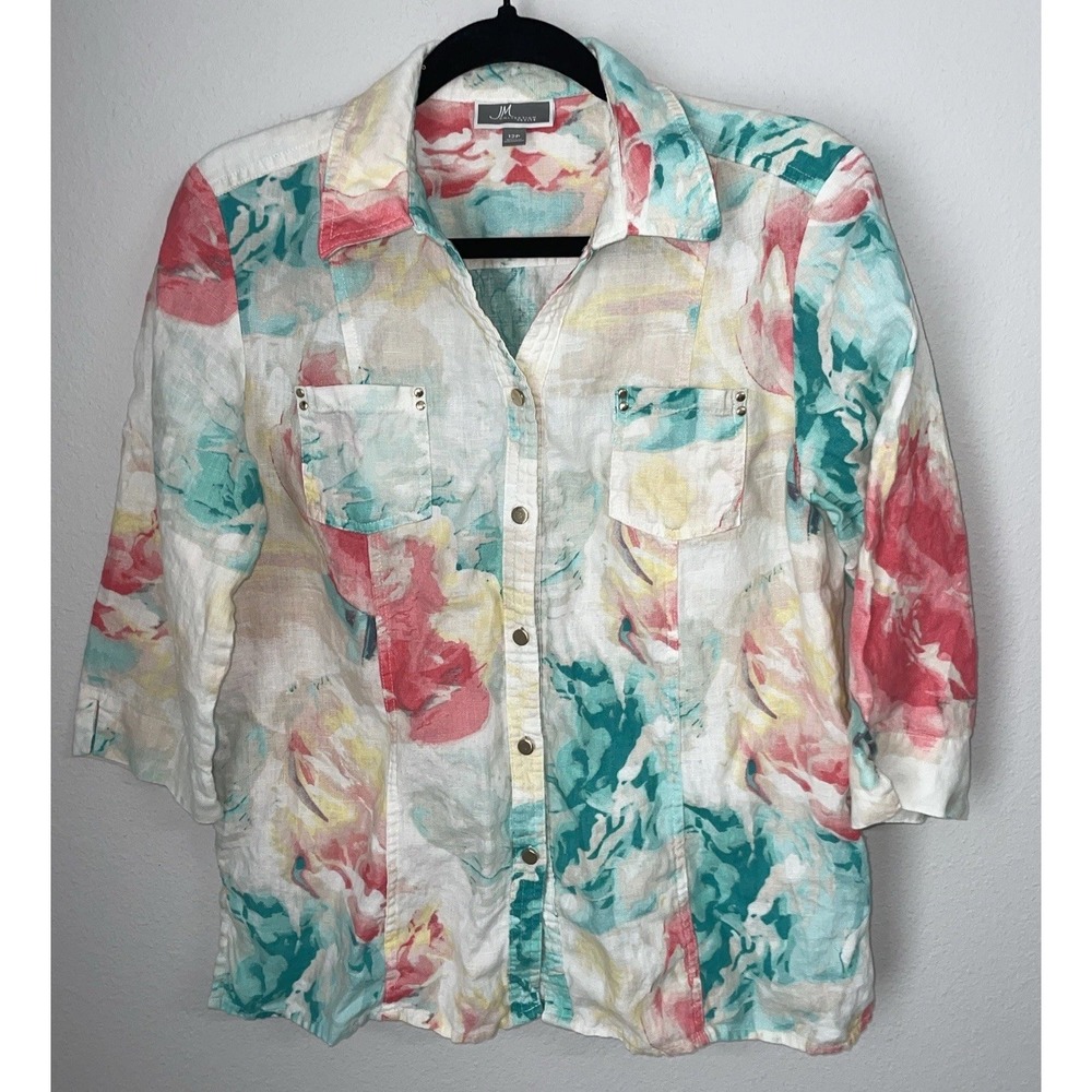 JM Collection Button Up Linen Blouse Floral‎ Travel Summer 12P